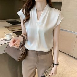 Women's Blouse Pullover White for Women Sleeveless Shirt Summer s V-neck Satin Splicing Basic OL 210604