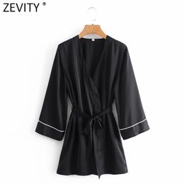 Women Vintage Cross V Neck Solid Casual Slim Lace Up Kimono Mini Dress Ladies Chic Long Sleeve Sashes Vestido DS4964 210416