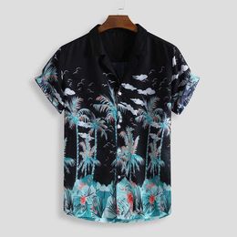 Mens 100% Cotton Leaf Printed Chest Pocket Turn Down Collar Short Sleeve Shirts Beach Wear Clothes Mens Flower Shirts 210527