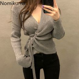 Nomikuma Drawstring Lace Up Vintage Knitted Cardigan Women Solid Colour V Neck Long Sleeve Sweater Female Sueter Mujer 3d166 210514