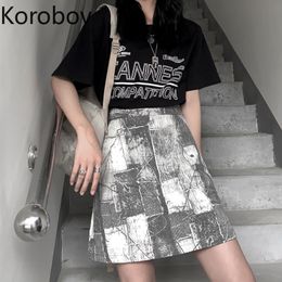 Korobov Women Mini Skirts Korean Harajuku Print Ulzzang Female Skirt Vintage High Waist Skirts New Summer Faldas Mujer 210430