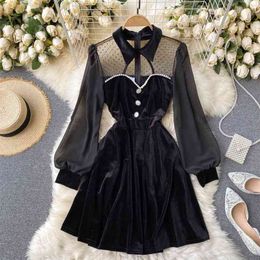 Lady Fashion Black Velvet A-line Dress Women Perspective Dot Print Mesh Stitching Retro Long Sleeve Elegant Vestidos Q945 210527