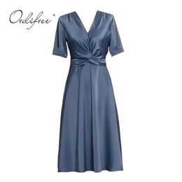 Summer Women Satin Party Short Sleeve Vintage Silk High Waist Long Dress 210415