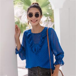 sheer polka dot ruffle office laides blouse tops women elegant vintage blue transparent tops autumn winter blouse shirts 210415