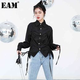 [EAM] Women Big Size Short Drawstring Pleated Blouse Lapel Long Sleeve Loose Fit Shirt Fashion Spring Autumn 1D19501 21512