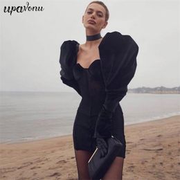 Free Spring Women's Black Dress Sexy Bubble Long Sleeve Halter Bodycon Mini Celebrity Club Party Vestido 210524