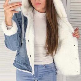 Women Denim Jacket With Fur Winter Jeans Warm Hooded Velvet Femme Collar Padded Coats Windbreake 211014