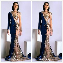 Aso Ebi 222 Arabic Sparkly Sexy Mermaid Evening Dresses Sheer Neck Navy Blue Velvet Formal Party Bridesmaid Pageant Gowns Vestidos De Novia