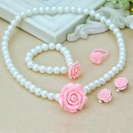 Earrings & Necklace Kids Girls Child Pearl Flower Shape + Bracelet Ring Ear Clips Jewellery Set B88