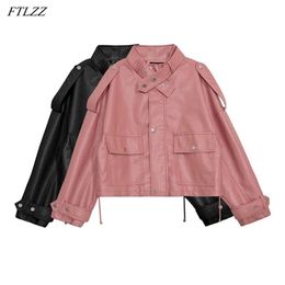 Autumn Women Streetwear Pu Pink Faux Leather Jacket Casual Female Loose Motorcycle Biker Zipper Stand Collar Coat 210430