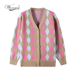 Vintage Geometric Rhombic Cardigan Sweater Women Autumn Warm Long Sleeve Loose Outerwear Elegant V-neck Chic Knit Top C-023 211215