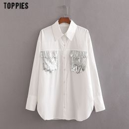 Toppies Fashion Sequined Tassel White Shirt Spring Summer Casual Long Sleeve Ladies Elegant Blouse With buttons 210412