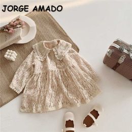 Spring Girls Dresses Solid Colour Long Sleeve Lace Peter Pan Collar Lady Style Princess Girl Clothes E6001 210610