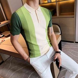 Knitting Polo Gradual Change Color Men's Knitted Polo Shirt Short-sleeved Tops Striped Turn Down Collar Business Polo Men Shirt 210401