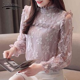 women shirts blouses tops plus size spring lace stand collar wood ear long sleeve chiffon shirt 2494 50 210427
