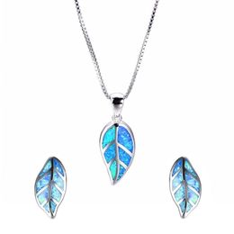 Earrings & Necklace Fashion Leaves Design Jewelry Set Blue Imitation Fire Opal Pendant With For Women Accessories Party Loves Gift