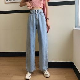 S-XL summer korean preppy style loose women long denim pants double buttons high waist straight jeans for womens (78376) 210423