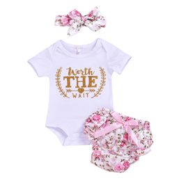 baby girls Letter Print Romper turban Broken Flower Ruffled Bow gauze skirt for Infant Toddlers Newborn Baby Clothing Sets