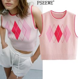 Spring Pink Knitted Argyle Sweater Vest Female Ribbed Cropped Sleeveless Women Cute Vintage Top Pullover 210519