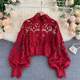 Sexy Lace Hollow Out Short Blouse Casual Lantern Long Sleeve Stand Collar Shirts Female Elegant Red/Pink/White Loose Tops 210721