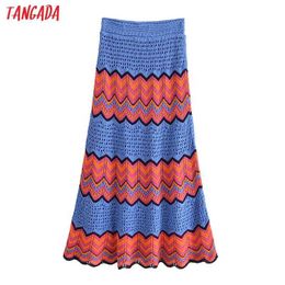 Tangada Women Striped Hollow Out Knit Long Skirt Faldas Mujer Vintage Beach Ladies Chic Mid Calf Skirts 3H556 210609