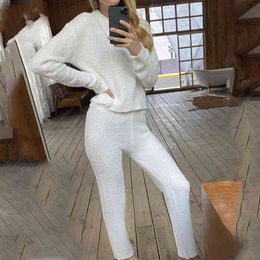 knitted fuffy two pieces women suits autumn winter long pants sets white fuzzy sweater sets casual suits 210415