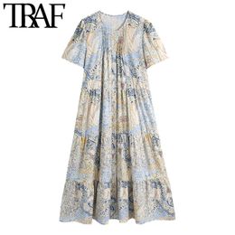 TRAF Women Chic Fashion Button-up Printed Midi Dress Vintage O Neck Short Sleeve Female Dresses Vestidos Mujer 210415