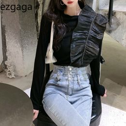Ezgaga Ruffles Women Sexy Tops Korean Chic Spring Pleated Long Sleeve Black Ladies T Shrits Elegant Streetwear Tshirs Fashion 210430