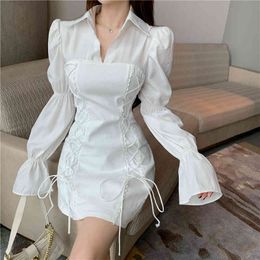 Long Sleeve Vintage High Waist Women Dress V Collar Solid Sheath Tight-fitting Tube Sexy Fake Two Piece 622F 210420