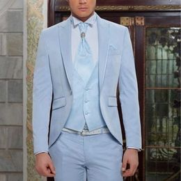 Light Blue Groom Tuxedo for Wedding Peaked Lapel 3 Piece Slim Fit Men Suits for Dinner Party Jacket Vest with Pants X0909