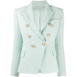 Womens HIGH STREET est Designer Jacket Womens Classic Metal Buttons Double Breasted Tweed Blazer Mint Green
