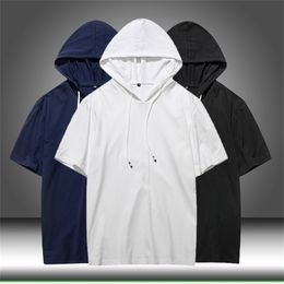 Summer Men tshirt Casual Solid Loose Hooded Tops Tees Shirts Male New Sportswear Hoodie Short Sleeve Mens T-shirt Clothing 210409