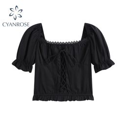 Korean Style Cross Tie Black Blouse Women's Summer Fashion Sexy Square Collar Lace Crop Tops Goth Up Ruffle Blusas 210515