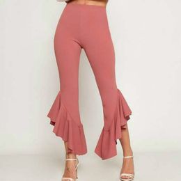 Women Pants Elastic Flared Trousers Ruffles Solid Black Blue Pink Elegant Bodycon Summer Fashion Female Casual Bell Bottoms 210416