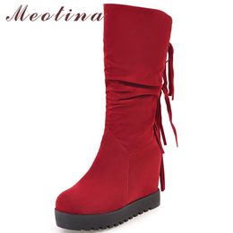 Women Boots Fall Mid-Calf Fringe Height Increasing Pleated Round Toe Shoes Female Winter Red Big Size 34-43 210517