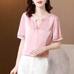 Summer Fashion Blouses Satin Classic V-neck Woman Tops Short-sleeved Shirt Ladies Blouse Women OL Womens and 210604