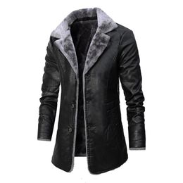 Winter Men's Leather Jacket Solid Colour Lining Velvet Business Lapel Medium Length Keep Warm Black Leather Windbreaker 211119