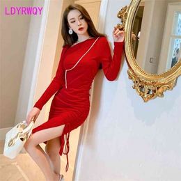 spring women's fashion Celebrity Slim drawstring pleated red dress Office Lady Polyester Sheath 210416