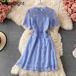 Elegant Women Lace Party Dress Short Sleeve Solid A Line Chic Korean Dresses Female Summer Bodycon Vestidos Hollow Out 210601