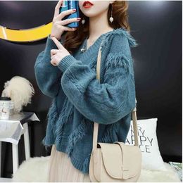 Autumn Winter V Neck Women Sweaters And Pullovers Korean Tassel Long Sleeve Sweater Loose Knitted Warm Jumper 210427