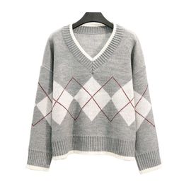 PERHAPS U Women Sweater V Neck Knitted Pullovers Long Sleeve Gray Argyle Loose Autumn Winter M0038 210529