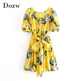 Boho Floral Women O Neck Bandage Beach Back Deep V Sexy Party Summer Lantern Sleeve Cotton Mini Dress 210414