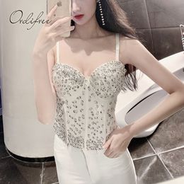Summer Sexy Women White Corsets Camisole Handmade Outwear Crystals Beaded Camis Night Club Party Tank Top 210415