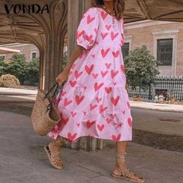 Summer O Neck SundrVONDA Women Bohemian DrShort Puff Sleeve Dresses Elegant Heart Printed Long Vestido Robe Sarafans 5XL X0529