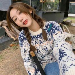 Korobov Japanese Style Knitted Jacquard Vintage Women Sweaters Korean O Neck Long Sleeve Winter Pullovers Sweet Sueter Mujer 210430