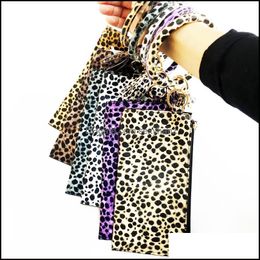 Key Rings Jewellery S1175 Women Girls Leopard Pu Leather Bracelet Ring Bangle Keyring Circle Keychain Wristlet Keyrings With Wallet Purse Drop