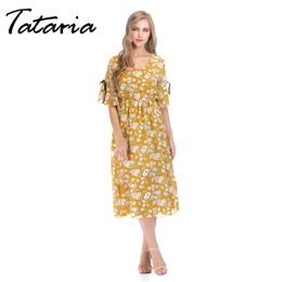Tataria Print Flower Chiffon Dress Women High Waisted Long Short Sleeve T-shirt Female Elegant Beach es 210514