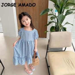 Summer Teenager Girls Dress Blue Pink Plaid Ruffles Princess Dresses Cute Style Fashion Clothes E1022 210610