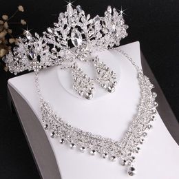 Wholesale Bridal gown headpieces best-selling high-end wedding crown necklace and earrings three-piece set, white crystal inlaid with rhinestones, handmade, party prom jewelry