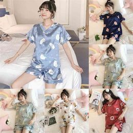 Summer Women Short Sleeve Pajamas Set Cute Sexy Lingerie Sleepwear Silk Plus Size Nightwear Animal Cartoon Home Clothes 210330